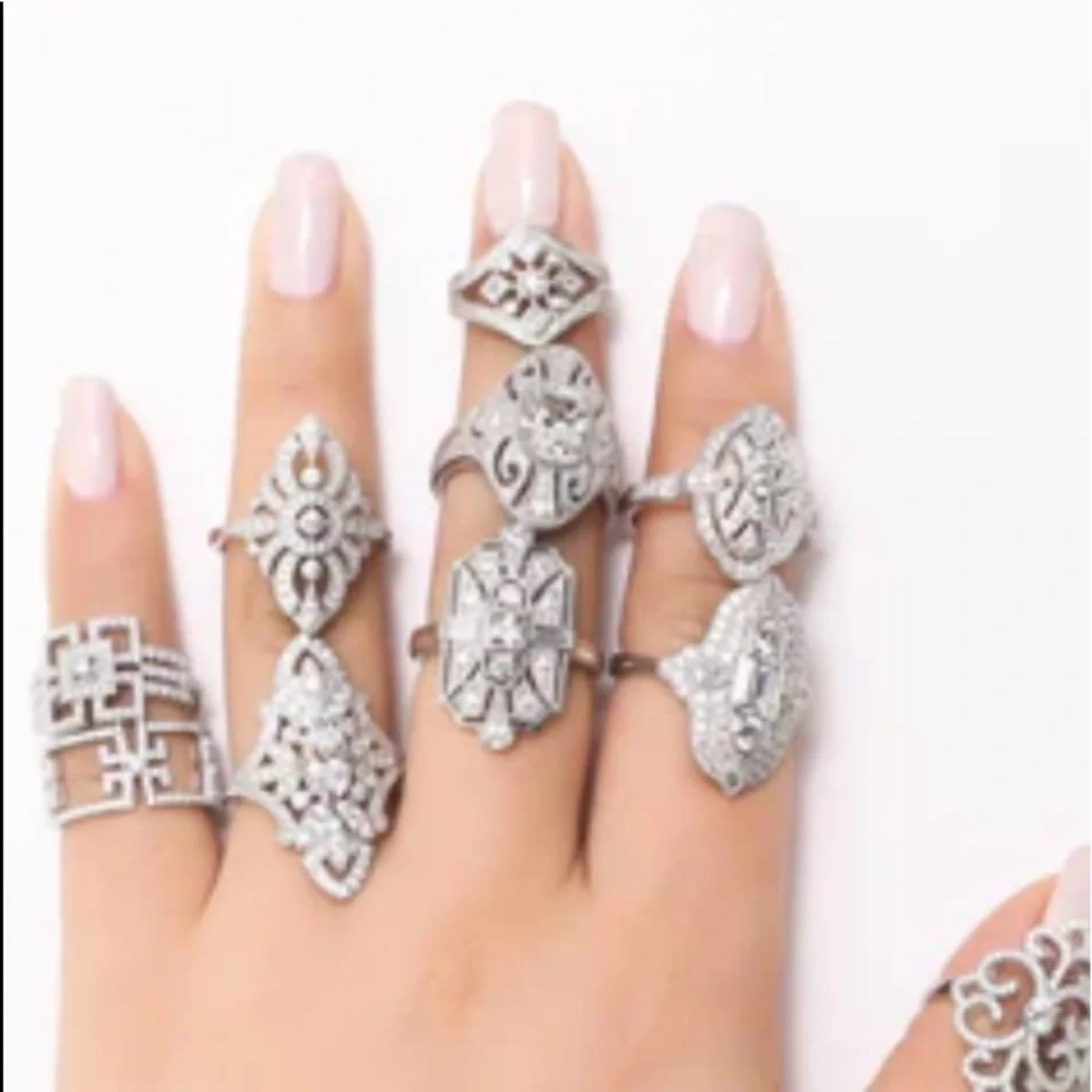 Sterling Silver + Crystal CZ Statement Art Deco Milgrain Cocktail Ring - Picture 9 of 9